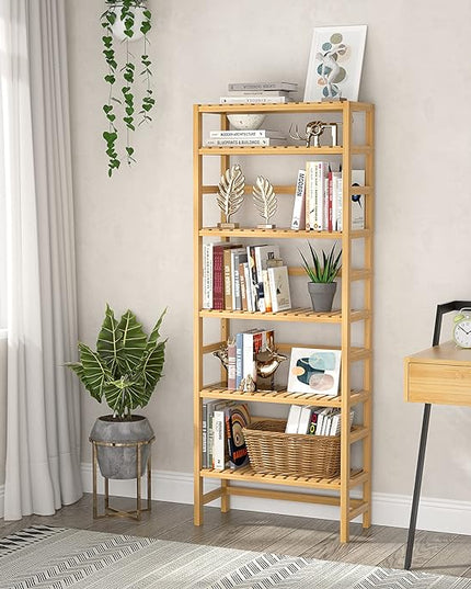 Homykic Bookshelf, 6-Tier Bamboo Adjustable 63.4” Tall Bookcase Book Shelf Organizer, Free Standing Storage Shelving Unit for Living Room, Kitchen, Bedroom, Bathroom, Office, Rust Resistance, Natural - LeafyLoom