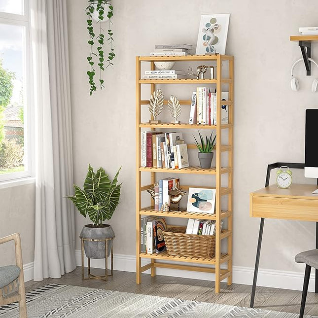 Homykic Bookshelf, 6-Tier Bamboo Adjustable 63.4” Tall Bookcase Book Shelf Organizer, Free Standing Storage Shelving Unit for Living Room, Kitchen, Bedroom, Bathroom, Office, Rust Resistance, Natural - LeafyLoom
