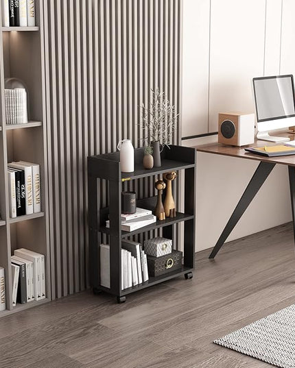 Small Bookshelf and Bookcase, 3 Tier Wood Nightstand with Wheels, Modern Bedside End Table with Storage Rack for Bedroom, Library, Living Room, Home, Office Cart, Black - LeafyLoom