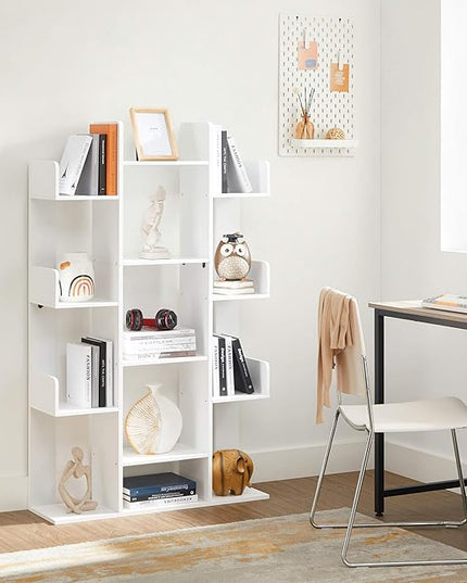 VASAGLE Bookshelf, Tree-Shaped Bookcase with 13 Storage Shelves, Rounded Corners, 9.8”D x 33.9”W x 55.1”H, White ULBC067W01 - LeafyLoom