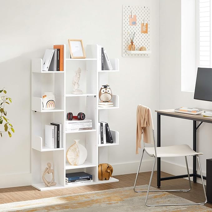 VASAGLE Bookshelf, Tree-Shaped Bookcase with 13 Storage Shelves, Rounded Corners, 9.8”D x 33.9”W x 55.1”H, White ULBC067W01 - LeafyLoom