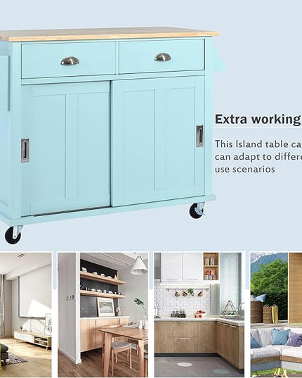 Cart with Rubber Wood Drop-Leaf Countertop and Sliding Barn Door, Rolling Mobile Island on Wheels w/Storage and Towel Rack for Dining Room Kitchen, Mint Green, 52.2 Inch - LeafyLoom