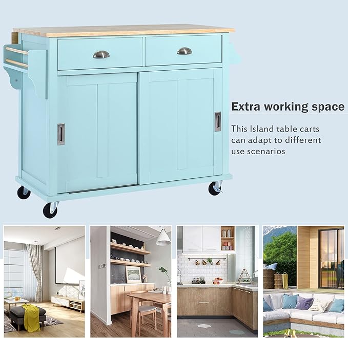 Cart with Rubber Wood Drop-Leaf Countertop and Sliding Barn Door, Rolling Mobile Island on Wheels w/Storage and Towel Rack for Dining Room Kitchen, Mint Green, 52.2 Inch - LeafyLoom