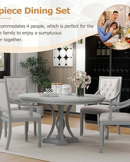 NicBex Small Dining Table Set for 4 Kitchen Table Set Retro 5-Piece Dining Set Extendable Round Table and 4 Chairs for Kitchen, Dining Room, Space-Saving, Antique Gray - LeafyLoom