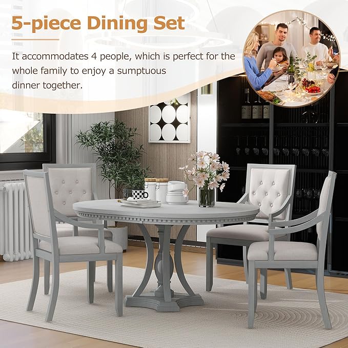 NicBex Small Dining Table Set for 4 Kitchen Table Set Retro 5-Piece Dining Set Extendable Round Table and 4 Chairs for Kitchen, Dining Room, Space-Saving, Antique Gray - LeafyLoom