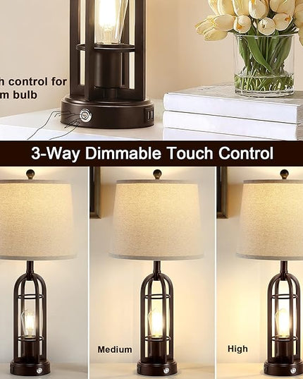 28.2" Table Lamps for Living Room Set of 2, Farmhouse Lamps for Bedroom, 3-Way Dimmable with Dual USB Ports, Touch Bedside Lamps for Nightstand, Bulbs Included - LeafyLoom