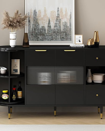 51.1" Rotating Storage Cabinet Sideboard with 2 Doors of Tempered Changhong Glass and 2 Drawers,Wooden Console Table,w/Built-in Shelves & Turntable,for Living Room,Black - LeafyLoom