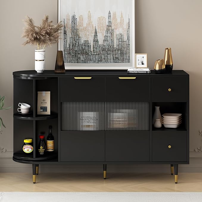 51.1" Rotating Storage Cabinet Sideboard with 2 Doors of Tempered Changhong Glass and 2 Drawers,Wooden Console Table,w/Built-in Shelves & Turntable,for Living Room,Black - LeafyLoom