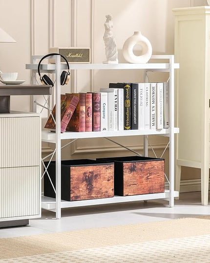 HCHQHS Bookshelf, 3-Tier Industrial Bookcase, White Open Book Shelf, Freestanding Horizontal Bookshelves with Metal Frame - LeafyLoom