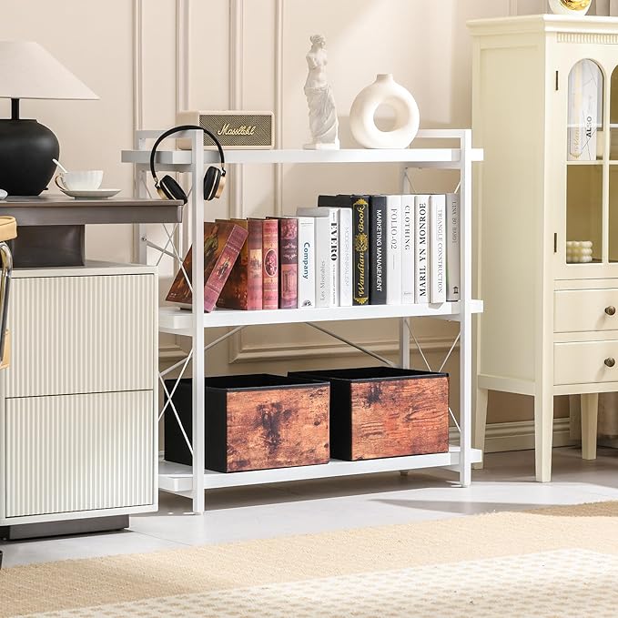 HCHQHS Bookshelf, 3-Tier Industrial Bookcase, White Open Book Shelf, Freestanding Horizontal Bookshelves with Metal Frame - LeafyLoom
