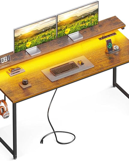 AODK Computer Desk Large Desk with LED Lights and Power Outlet, 63 Inch Office Desk with Adjustable Monitor Shelf (3 Heights), Study Writing Large Desk PC Desk for Home, Rustic Brown - LeafyLoom