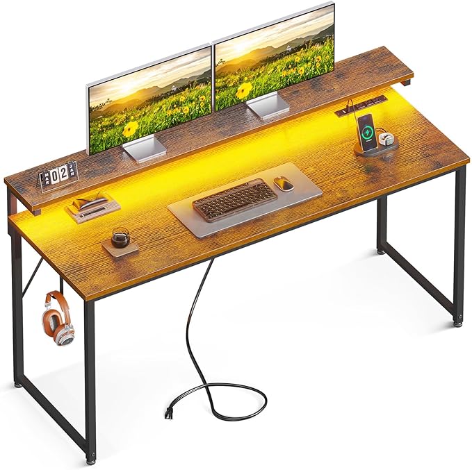 AODK Computer Desk Large Desk with LED Lights and Power Outlet, 63 Inch Office Desk with Adjustable Monitor Shelf (3 Heights), Study Writing Large Desk PC Desk for Home, Rustic Brown - LeafyLoom