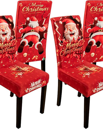 4PCS Christmas Dining Chair Covers Stretch Removable Washable Dining Room Chair Protector Slipcover 3D Print Santa Claus Deer Kitchen Chair Cover Slipcovers Protector for Xmas Holiday Party Home Décor CZL