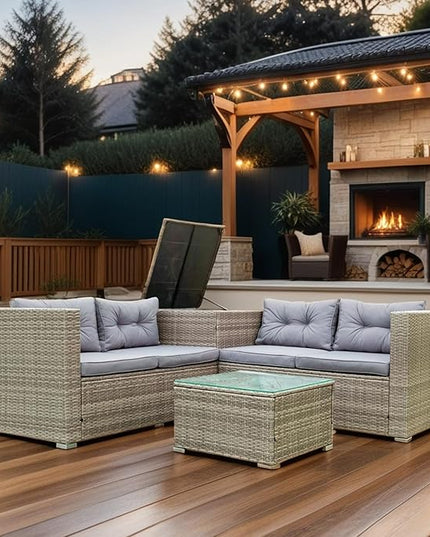 4 Piece Outdoor Furniture Set Wicker Rattan Patio Sectional Sofa with Storage Box and Table for Garden, Backyark, Porch Deck, Balcony, Grey - LeafyLoom