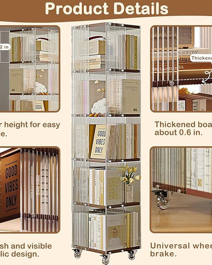 5-Tier Acrylic Book Shelf with Wheels, Mobile Tall Bookcase, Modern Unique Bookshelf Tower, Visible Display Shelf, 360° Rotating Bookshelf Organizer for Home Office Living Room, Walnut - LeafyLoom