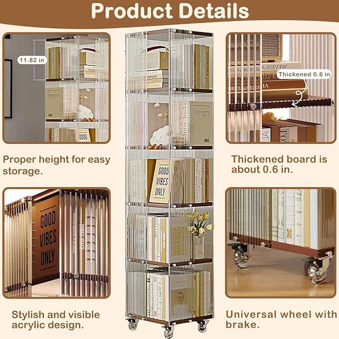 5-Tier Acrylic Book Shelf with Wheels, Mobile Tall Bookcase, Modern Unique Bookshelf Tower, Visible Display Shelf, 360° Rotating Bookshelf Organizer for Home Office Living Room, Walnut - LeafyLoom