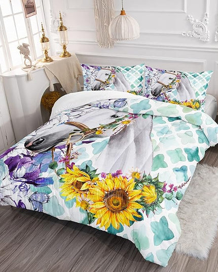 Kid Sunflower Horse Comforter Set 3Pcs Rose Butterfly Retro Horse Bedding Set for Boys Girls Adult, 1 Comforter + 2 Pillowcases - LeafyLoom