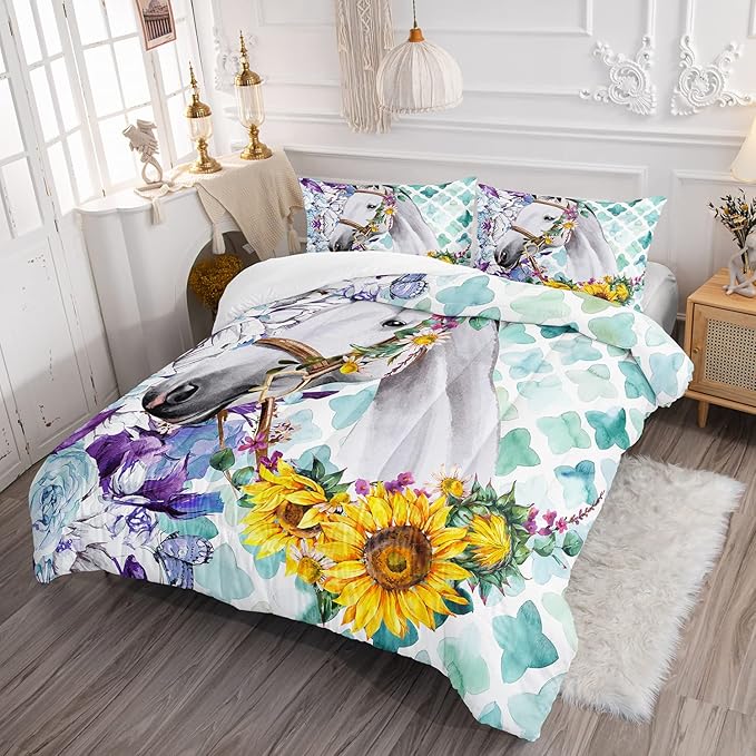 Kid Sunflower Horse Comforter Set 3Pcs Rose Butterfly Retro Horse Bedding Set for Boys Girls Adult, 1 Comforter + 2 Pillowcases - LeafyLoom