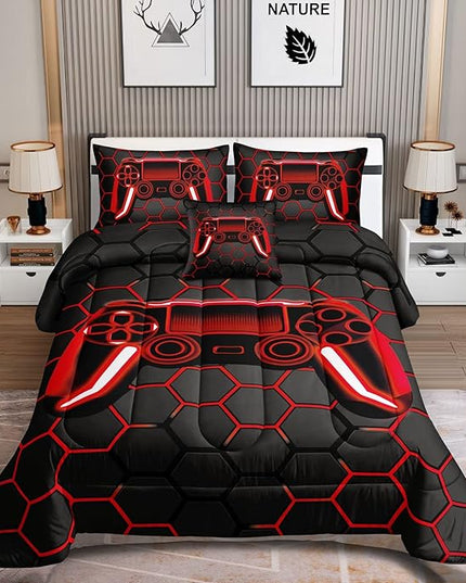 6 Pieces Gaming Bedding Set for Boys Gamer Comforter Set Full Size,Game Controller Comforter for Boys Kids Adult 3D Gamepad Microfiber Bedding 5 Pieces Bed in A Bag Sets-H50023,Full - LeafyLoom