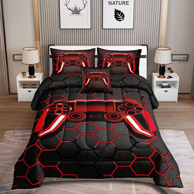 6 Pieces Gaming Bedding Set for Boys Gamer Comforter Set Full Size,Game Controller Comforter for Boys Kids Adult 3D Gamepad Microfiber Bedding 5 Pieces Bed in A Bag Sets-H50023,Full - LeafyLoom