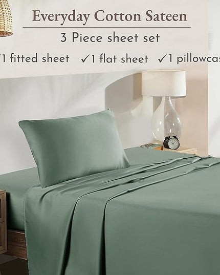 California Design Den Soft 100% Cotton Twin Extra Long Sheet Set, 3 Piece Twin XL Sheet Set with Sateen Weave, Cooling Sheets - Sage Green - LeafyLoom