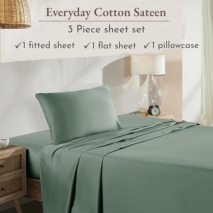 California Design Den Soft 100% Cotton Twin Extra Long Sheet Set, 3 Piece Twin XL Sheet Set with Sateen Weave, Cooling Sheets - Sage Green - LeafyLoom