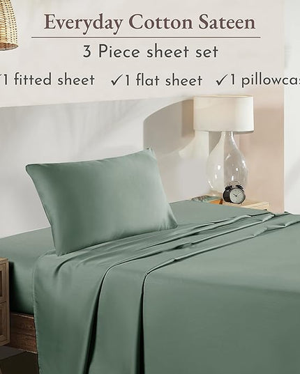 California Design Den Soft 100% Cotton Twin Size Sheet Set, 3 Piece Twin Sheet Set with Sateen Weave, Cooling Sheets - Sage Green - LeafyLoom