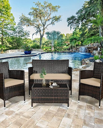 Goplus 4-Piece Rattan Patio Set, Outdoor/Indoor Wicker Conversation Set for Pool, Backyard, Lawn, Wicker Chairs and Sofa with Soft Cushion, Rattan Furniture with Tempered Glass Coffee Table - LeafyLoom
