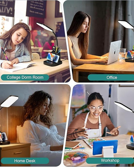 Cotanic LED Desk Lamps for Home Office with Wireless Charger, Stepless Dimmable, 3 Color Modes, Black Study Lamp for College Dorm Room, Touch Control, Pen Holder, CRI 90, 800 Lumen, Adapter Included - LeafyLoom