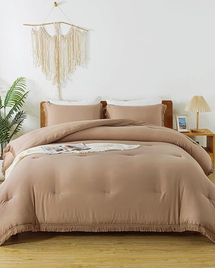 Andency Taupe Comforter Set King Size, 3 Pieces Boho Tassel Lightweight Bedding Comforter Sets for King Bed, Tan All Season Soft Fluffy Fringe Bed Set (104x90In Comforter & 2 Pillowcases) - LeafyLoom