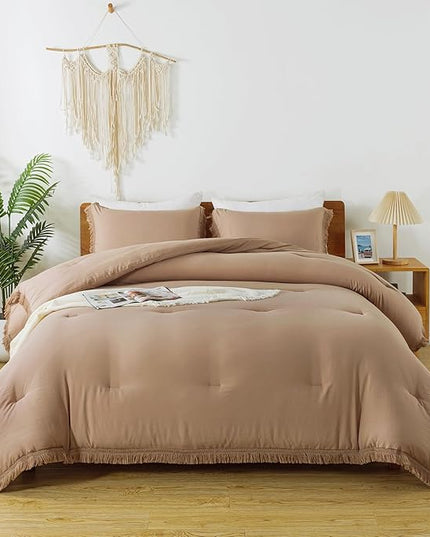 Andency Taupe Comforter Set Full Size, 3 Pieces Boho Tassel Lightweight Bedding Comforter Sets, Tan All Season Soft Fluffy Fringe Bed Set (79x90In Comforter & 2 Pillowcases) - LeafyLoom