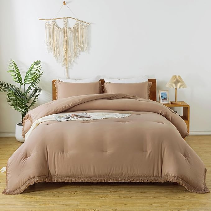 Andency Taupe Comforter Set Full Size, 3 Pieces Boho Tassel Lightweight Bedding Comforter Sets, Tan All Season Soft Fluffy Fringe Bed Set (79x90In Comforter & 2 Pillowcases) - LeafyLoom