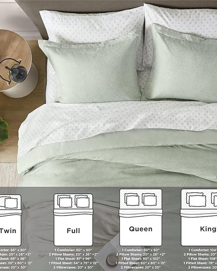 5 Pieces Twin Size Comforter Set with Sheets, Neutral Green Bed in a Bag, Modern Farmhouse Bedding Sets with Comforter, Flat & Fitted Sheet, Pillowcases & Shams - LeafyLoom