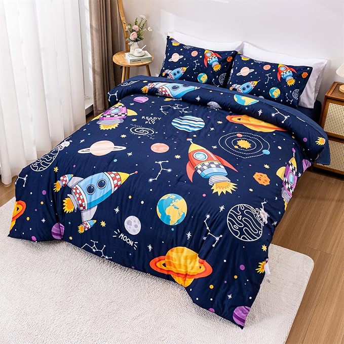 Aimuan Space Comforter Twin Set Kids Rocket Bedding Set Super Soft & Cute Aliens UFO Printed for Boys Girls Teen (Navy, Full 5Pcs) - LeafyLoom