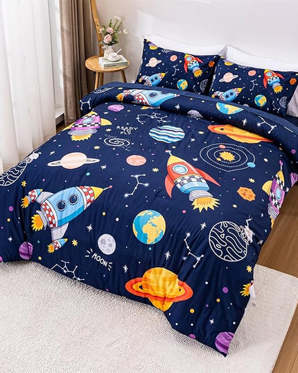 Aimuan Space Comforter Twin Set Kids Rocket Bedding Set Super Soft & Cute Aliens UFO Printed for Boys Girls Teen (Navy, Twin 5Pcs) - LeafyLoom
