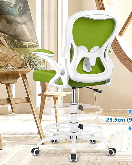 Drafting Chair, Tall Office Chair Ergonomic Standing Desk chair, Lumbar Support Computer Chair Swivel Task Rolling Chair with Adjustable Flip-up Armrests & Foot Ring (Green) - LeafyLoom