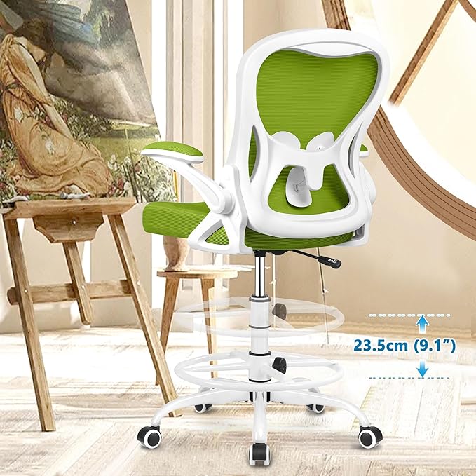 Drafting Chair, Tall Office Chair Ergonomic Standing Desk chair, Lumbar Support Computer Chair Swivel Task Rolling Chair with Adjustable Flip-up Armrests & Foot Ring (Green) - LeafyLoom