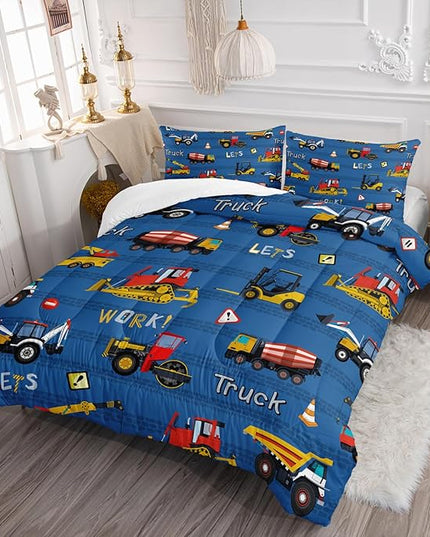 Axolotl Tractor Truck Bedding Set Queen,Excavator Comforter Set,Vehicles Truck Comforter,Boys Bedding Machinery Truck Comforter Construction Site Decor for Kids Boys Teens,1 Quilt 2 Pillowcases,Blue - LeafyLoom