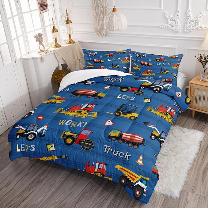Axolotl Tractor Truck Bedding Set Queen,Excavator Comforter Set,Vehicles Truck Comforter,Boys Bedding Machinery Truck Comforter Construction Site Decor for Kids Boys Teens,1 Quilt 2 Pillowcases,Blue - LeafyLoom