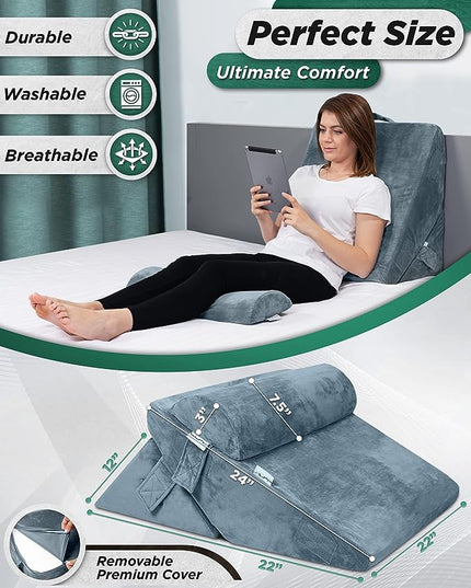 Lunix 3pcs Orthopedic Bed Wedge Pillow Set, Post Surgery Memory Foam for Back, Leg & Knee Pain Relief, Sitting Pillow, Adjustable Pillows for Acid Reflux and GERD for Sleeping, with Hot Cold Pack - LeafyLoom