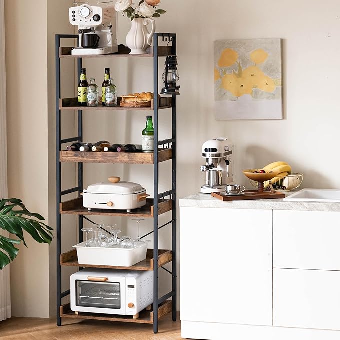 HCHQHS Adjustable 6 Tier Open Bookcase, Rustic Farmhouse Book Shelves, Industrial Wood and Black Metal Bookshelves, Mid Century Bookcase for Home Office Living Room Bedroom - LeafyLoom