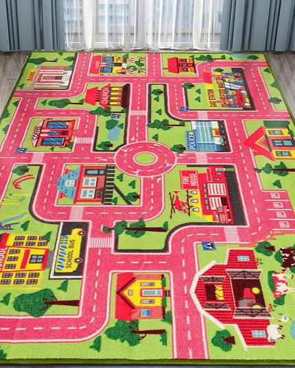 Kids Carpet Playmat Rug 78.7"x59", Car Rug for Kids Cars, Non-Slip Town City Road Map Kids Rug for Playroom Bedroom Boys, Kids Car Mat Road Rug, Track Rug Car Play Rug for Kids (78.7X59 INCH-Pink) - LeafyLoom