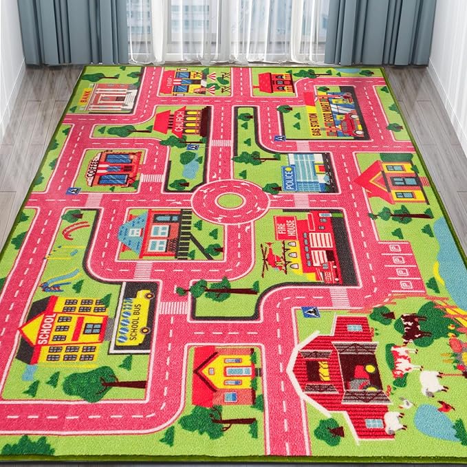 Kids Carpet Playmat Rug 78.7"x59", Car Rug for Kids Cars, Non-Slip Town City Road Map Kids Rug for Playroom Bedroom Boys, Kids Car Mat Road Rug, Track Rug Car Play Rug for Kids (78.7X59 INCH-Pink) - LeafyLoom