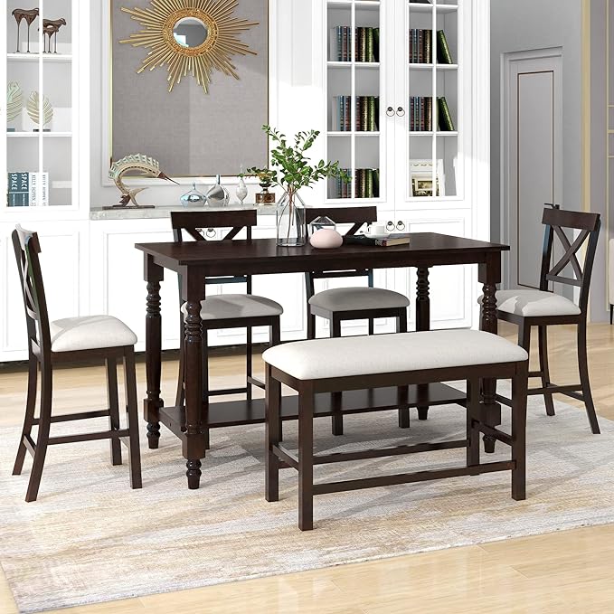 6-Piece Wood Counter Height Dining Set, Rectangular Table with Shelf, 4 Chairs and Bench for Kitchen, Breakfast Nook, Living Room, Espresso, 60" L x 29.5" W x 36" H - LeafyLoom