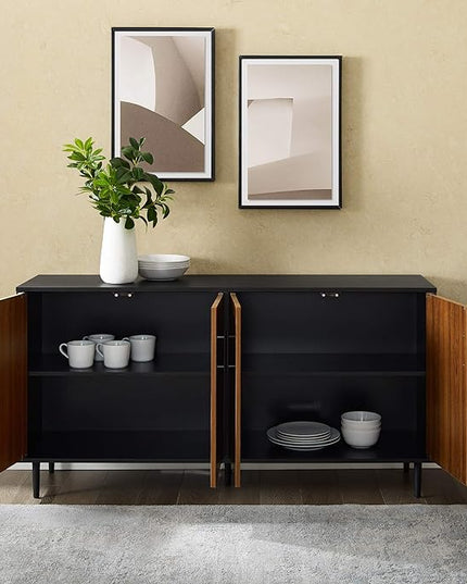 Walker Edison Caye Modern 4 Door Bookmatch Buffet, 58 Inch, Acorn/Black - LeafyLoom