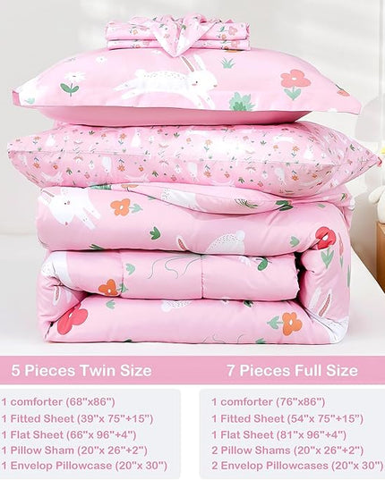 Mooreeke Bed in a Bag for Kids Girls Teens, 5 Pieces Twin Size Comforter Bed Set with Shams, Sheet Set, Rabbit Pink Super Soft Microfiber Kids Comforter Bedding Set - LeafyLoom