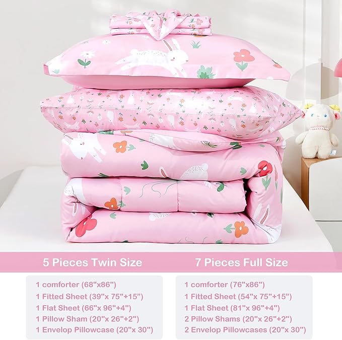 Mooreeke Bed in a Bag for Kids Girls Teens, 5 Pieces Twin Size Comforter Bed Set with Shams, Sheet Set, Rabbit Pink Super Soft Microfiber Kids Comforter Bedding Set - LeafyLoom