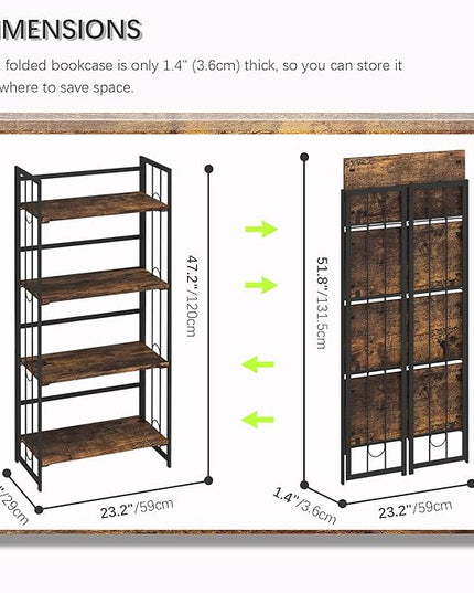 4NM No-Assembly 4 Tiers Folding Bookshelf Storage Shelves Vintage Bookcase Standing Racks Study Organizer Home Office - Rustic Brown and Black - LeafyLoom
