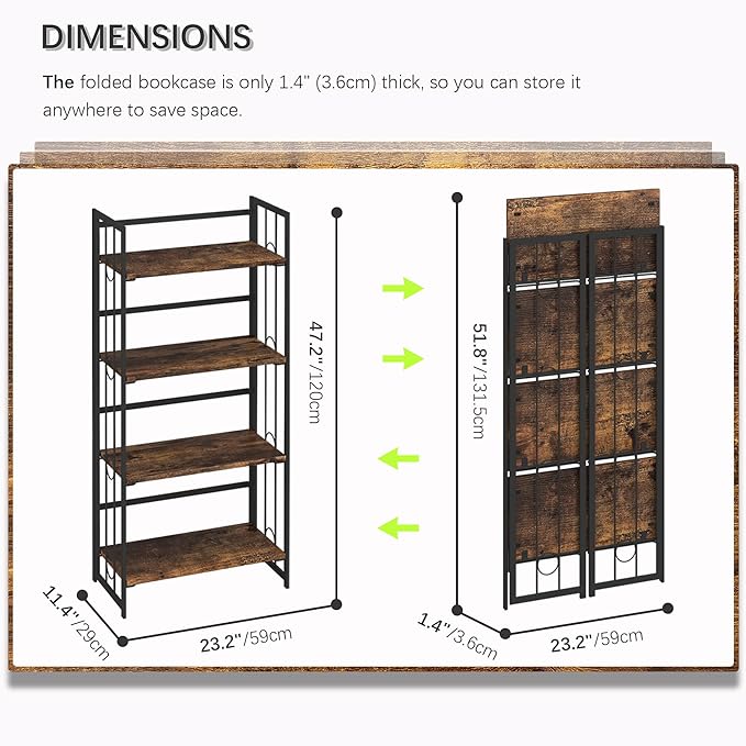 4NM No-Assembly 4 Tiers Folding Bookshelf Storage Shelves Vintage Bookcase Standing Racks Study Organizer Home Office - Rustic Brown and Black - LeafyLoom