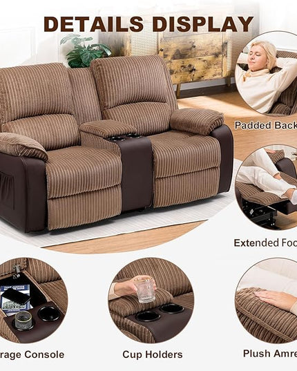 COMHOMA Double Reclining Sofa Chair, Power Lift Recliner Chair Loveseat with Storage Console, Recliner Sofa with Cup Holders Living Room Furniture (2 Seater) - LeafyLoom